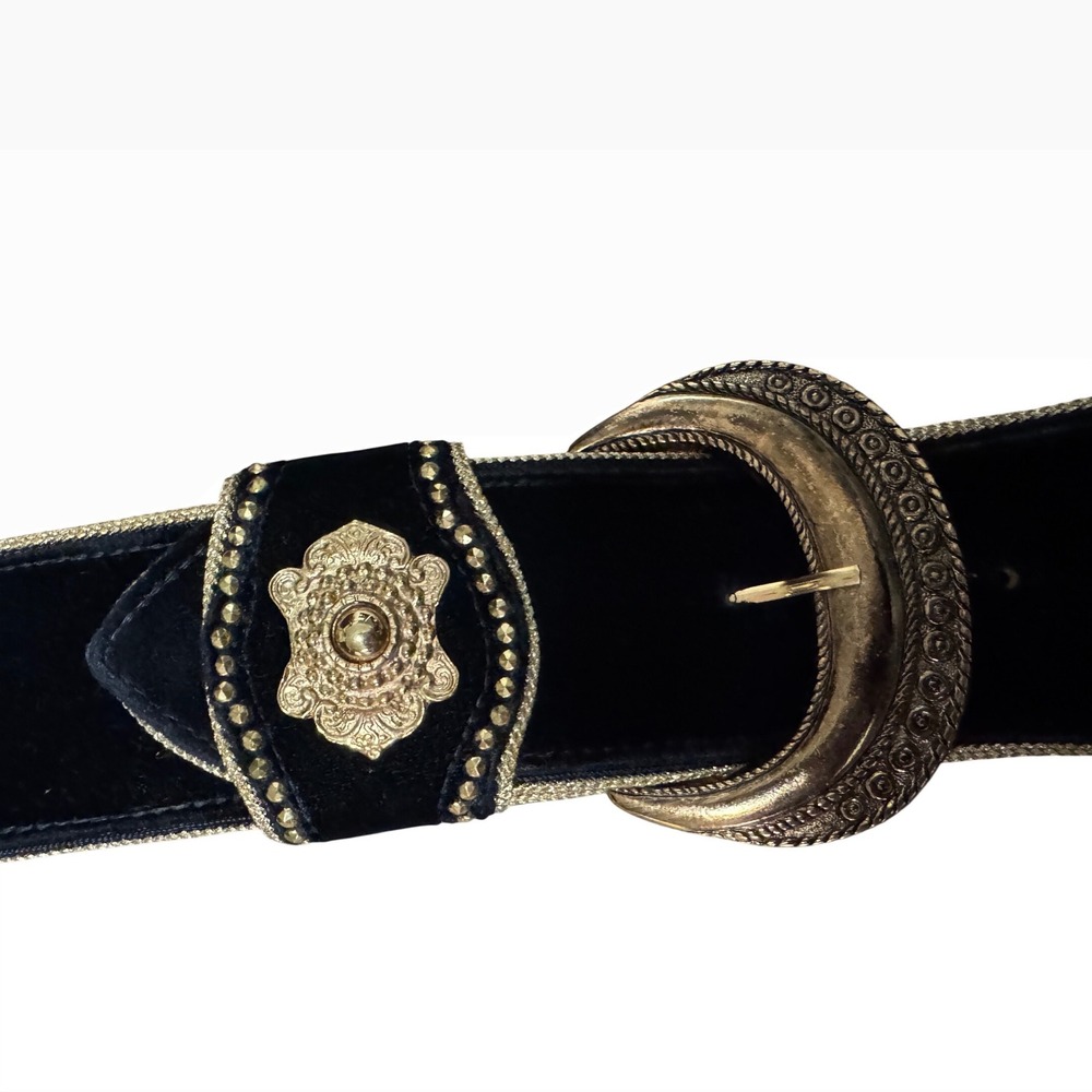 Vintage 80s R.J. Graziano Black Velvet & Gold Statement Waist Belt - Medium